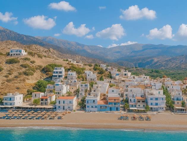 yrtos village beach and hillside architecture with the protective Dikti Mountains in the background, Southern Crete.