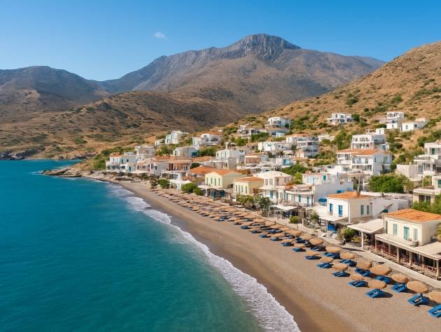Aerial view of Myrtos village beach in Southern Crete, with white houses, blue umbrellas, and clear Mediterranean sea.